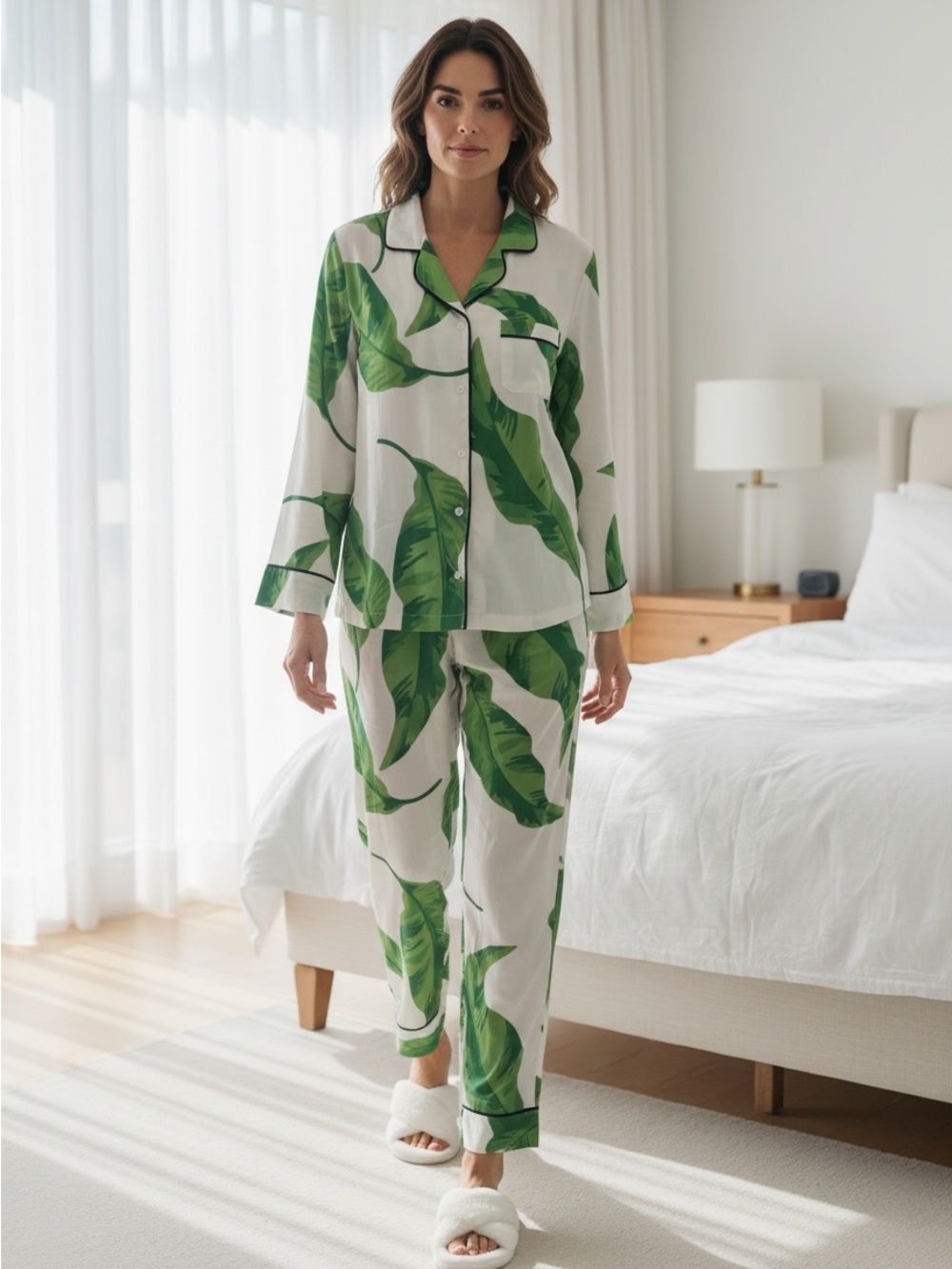 NEW Katie Kime Tropical Green Leaf Long Sleeve Pajama Pants Set, XL - Picture 9 of 10